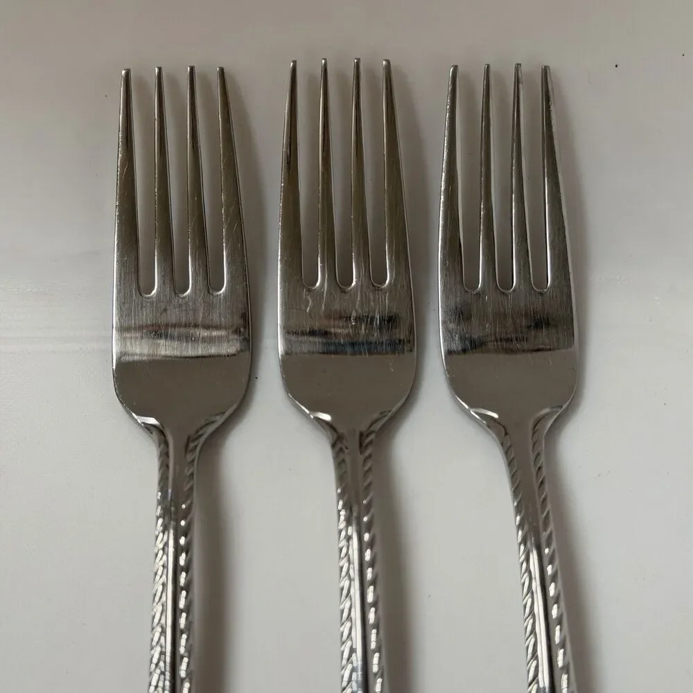 3pc Oneida Belmont-Lyons Salad Forks 7” Stainless Glossy Rope Edge China